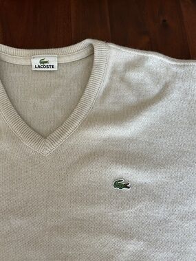 Vintage Lacoste V-Neck Knit Sweater - Beige/Cream - Men's Size 6 (XL)